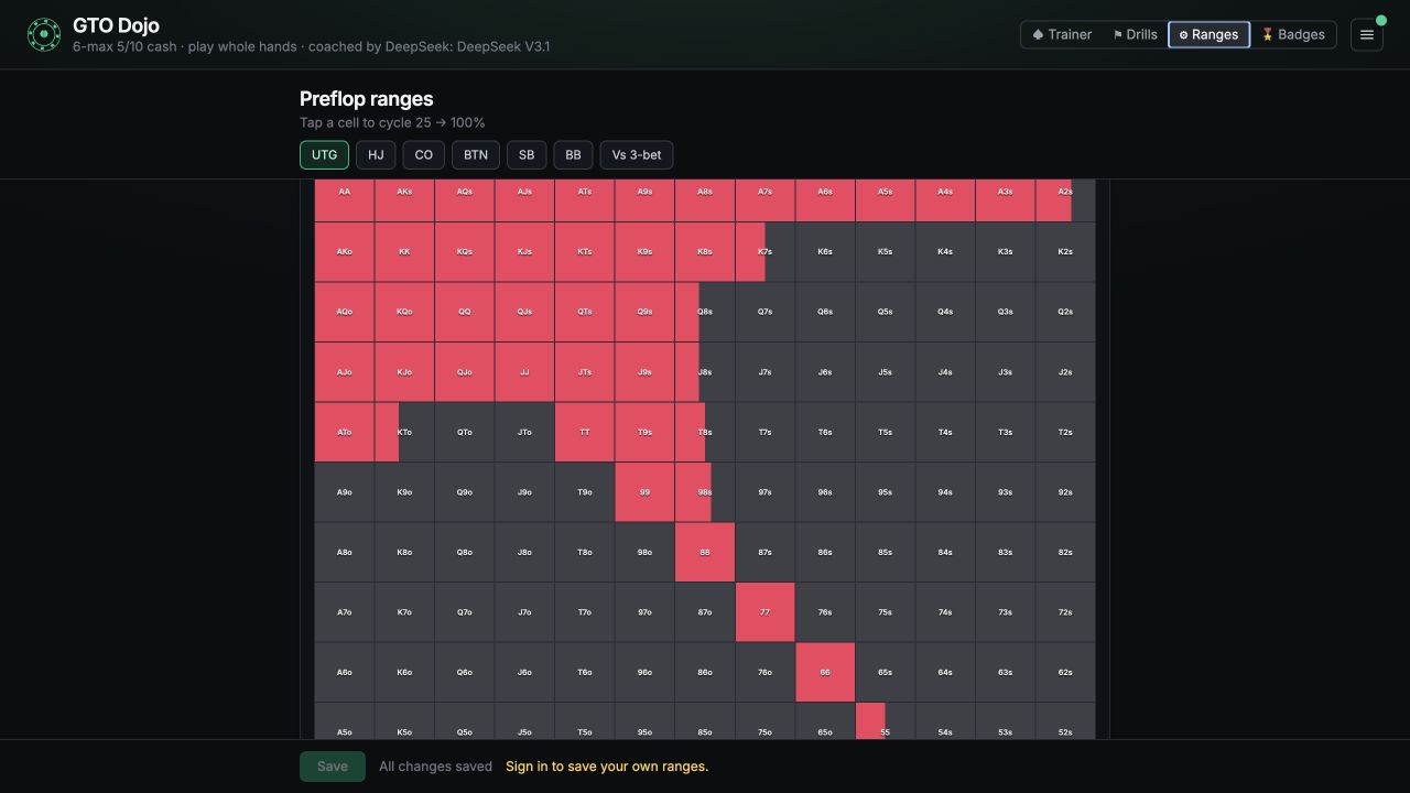 GTO Dojo preflop range editor showing an under-the-gun opening range